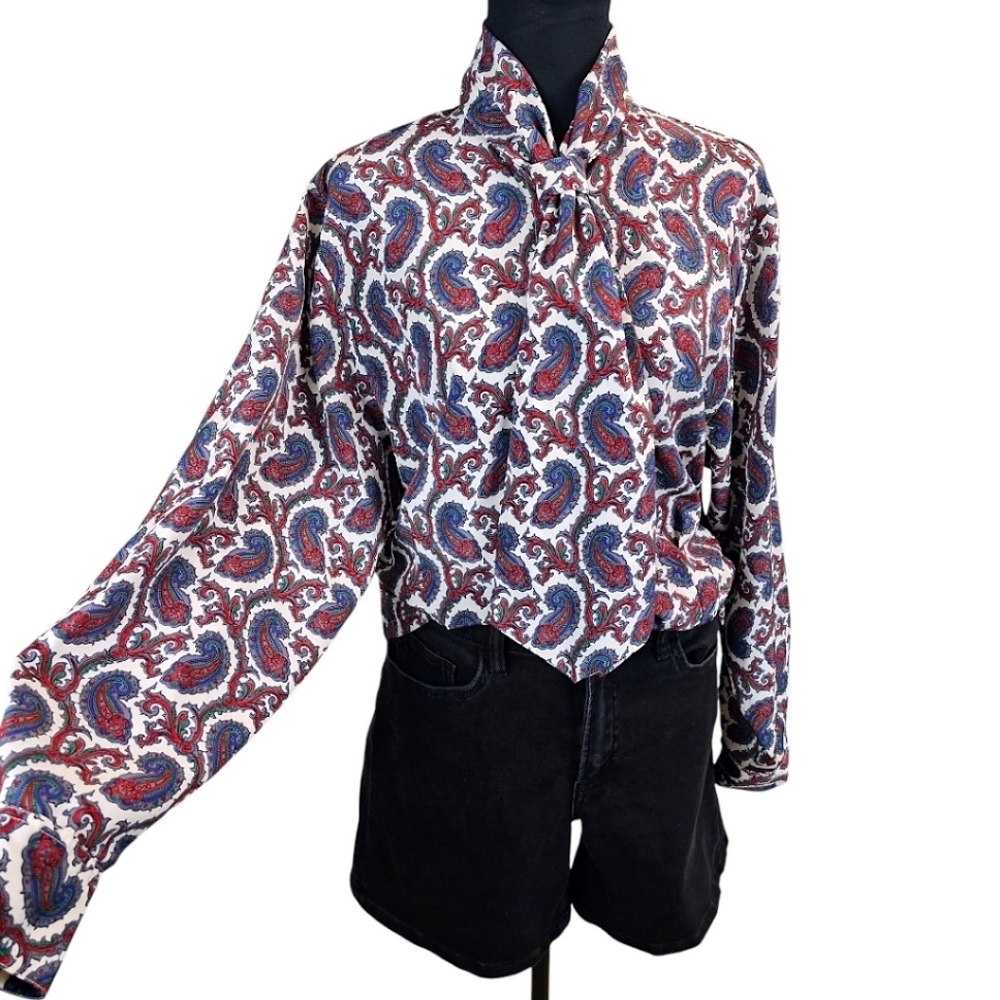 Vintage 1970s Leslie Fay Paisley Bow Collar Blouse Size Medium Red White Retro - Picture 5 of 15
